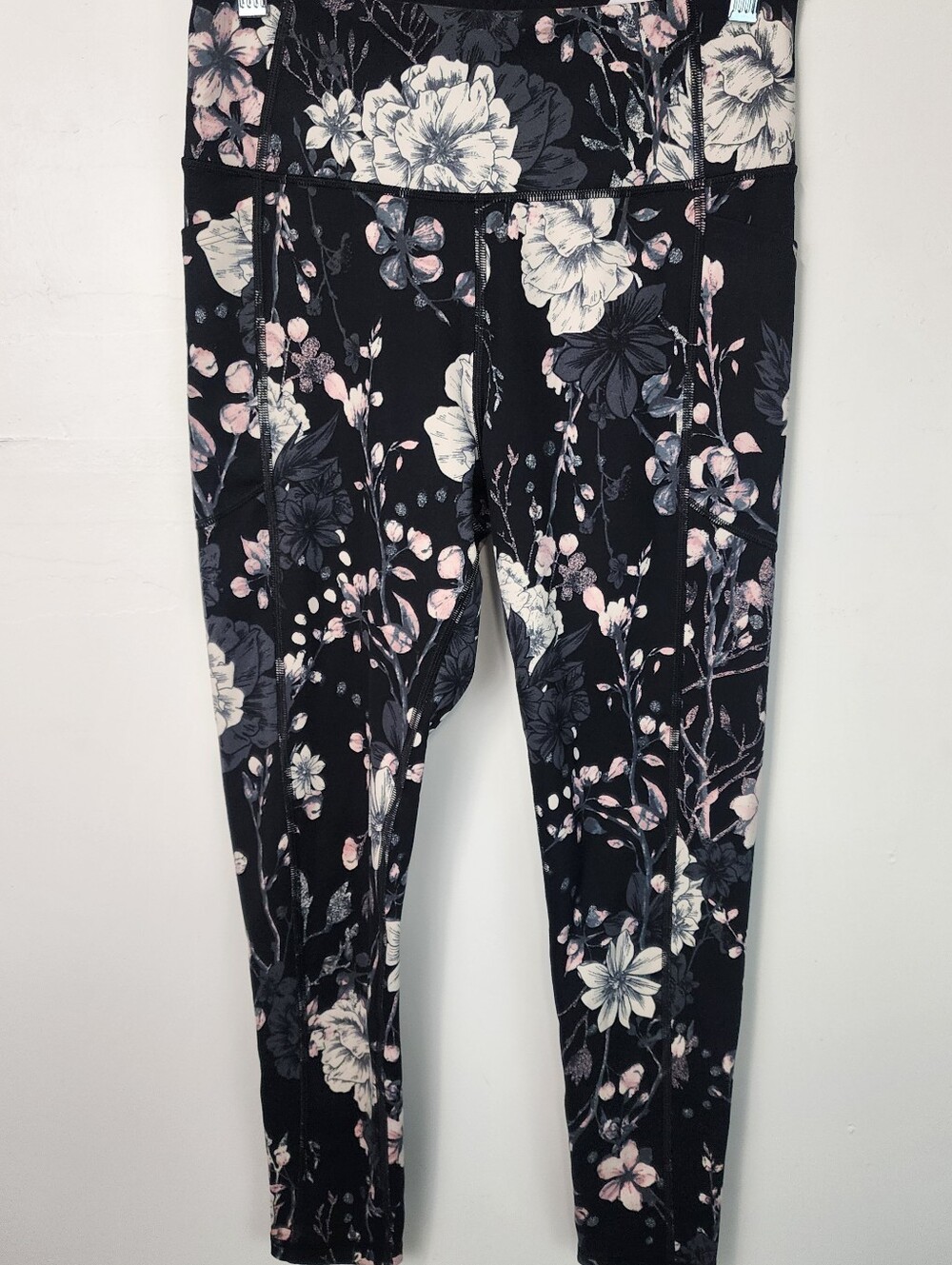 Victoria Secret Floral Print Active Leggings Sz 10 Black Pink High Waist Workout